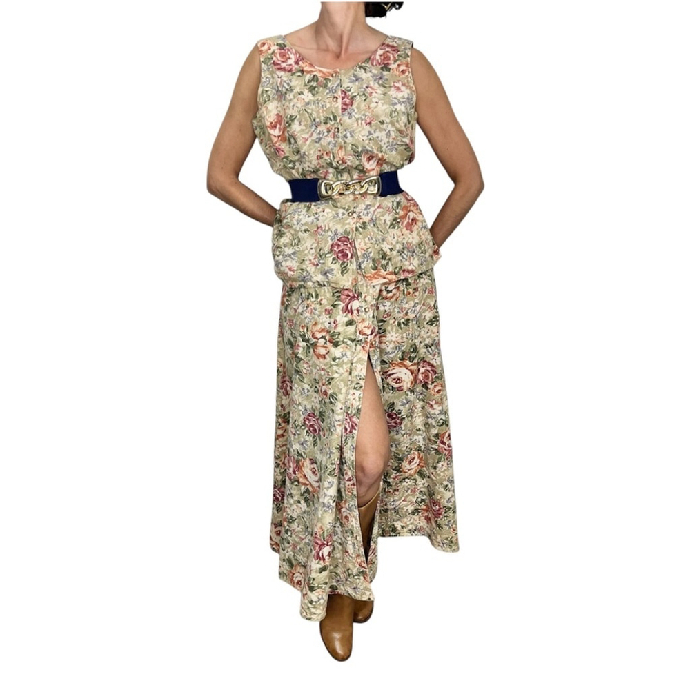 Vintage 80s 90s linen blend tan pink button front floral maxi skirt top set L